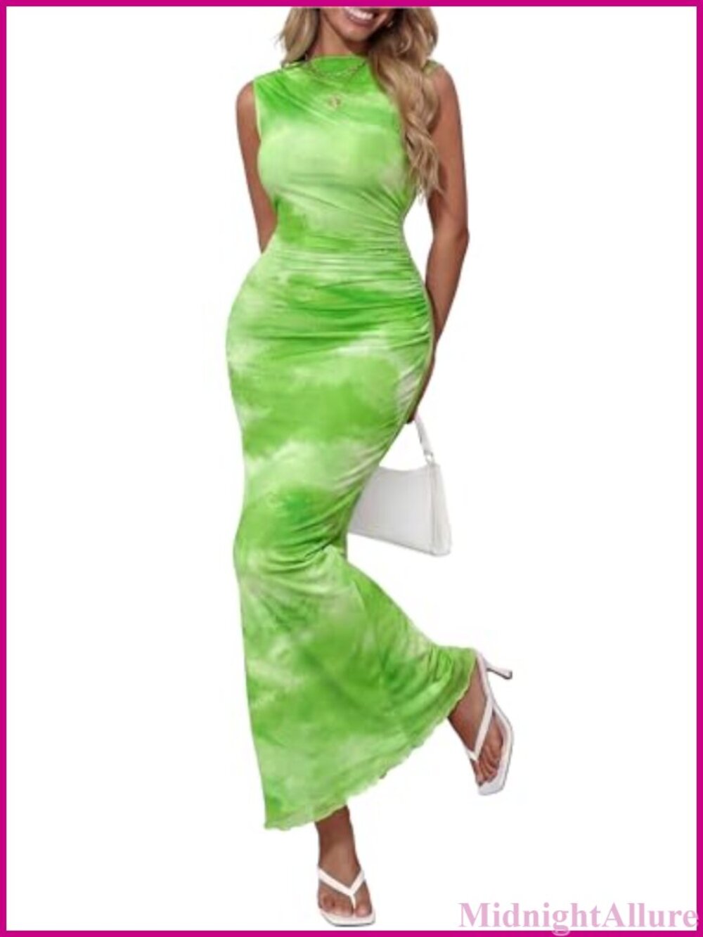 Sleeveless Bodycon Maxi Dress Mock Neck Ruched Mesh Tie Dye Formal Party